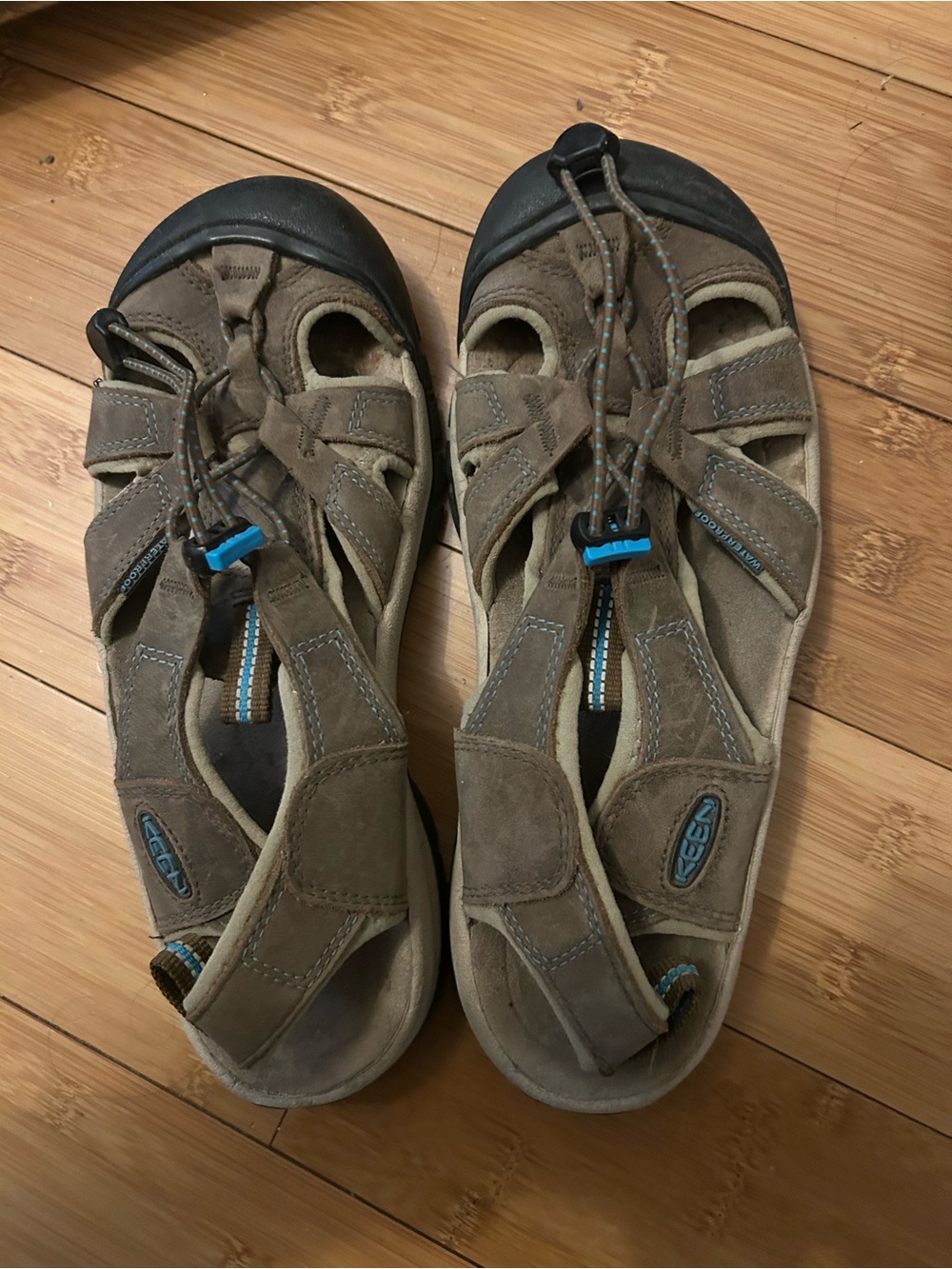 Keen Brown Leather Sport Sandals with Blue Accents
